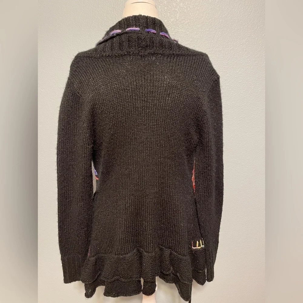 Forla Paris Sweater Black Wool Blend Floral Applique Ruffle Boho Grungy Medium - Picture 6 of 10